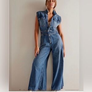 FREE PEOPLE CRVY BADLANDS COVERALL WE THE FREE WIDE LEG DENIM